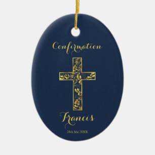 Confirmation blue gold cross ceramic ornament