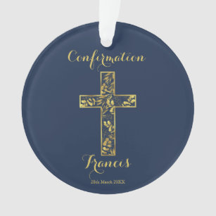 Confirmation blue gold cross ceramic ornament