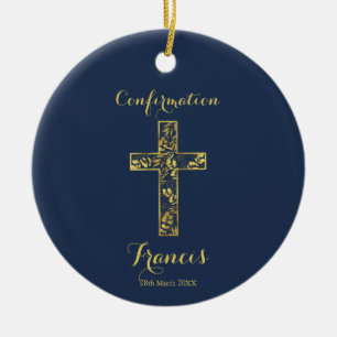 Confirmation blue gold cross ceramic ornament