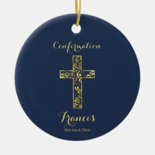 Confirmation blue gold cross ceramic ornament