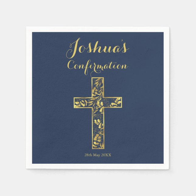 Confirmation Blue gold cross name boy  Napkins (Front)