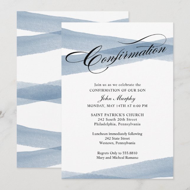 Confirmation, Blue Modern Watercolor Invitation (Front/Back)
