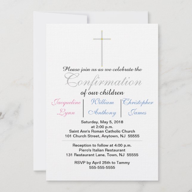 Confirmation Blue Pink Triplets Invitation (Front)