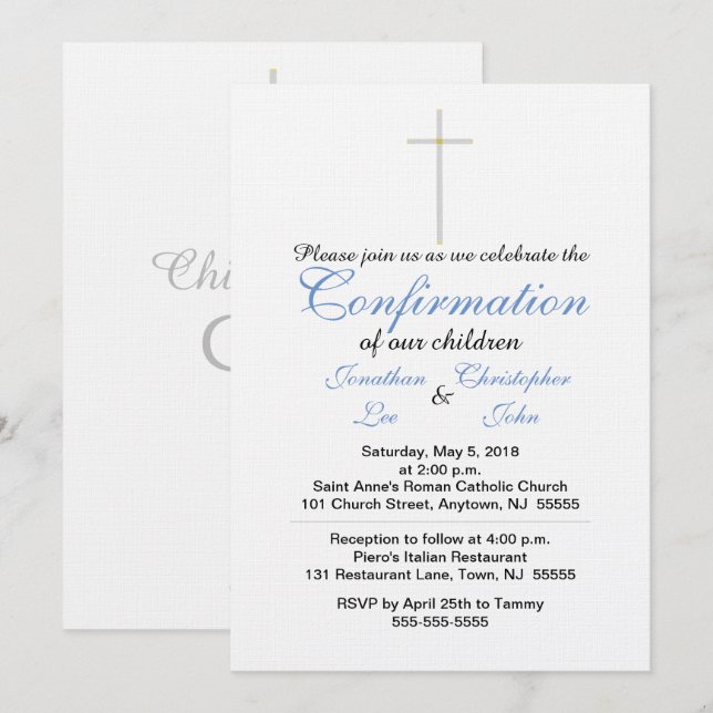Confirmation Blue Twins Crisp White Invitation (Front/Back)