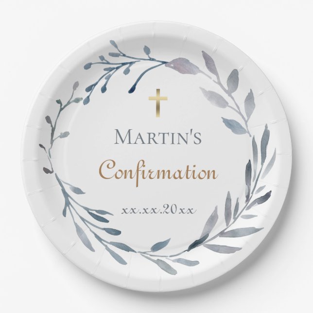 Confirmation blue wreath  paper plate (Front)