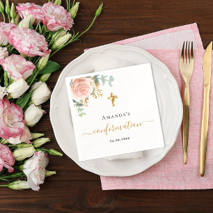 Confirmation blush floral rose gold eucalyptus napkin