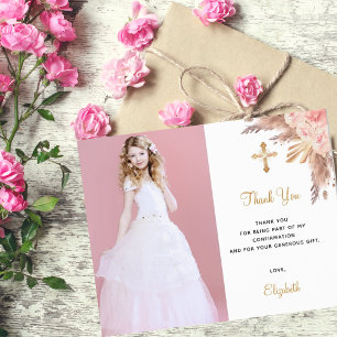Confirmation blush pampas photo thank you card