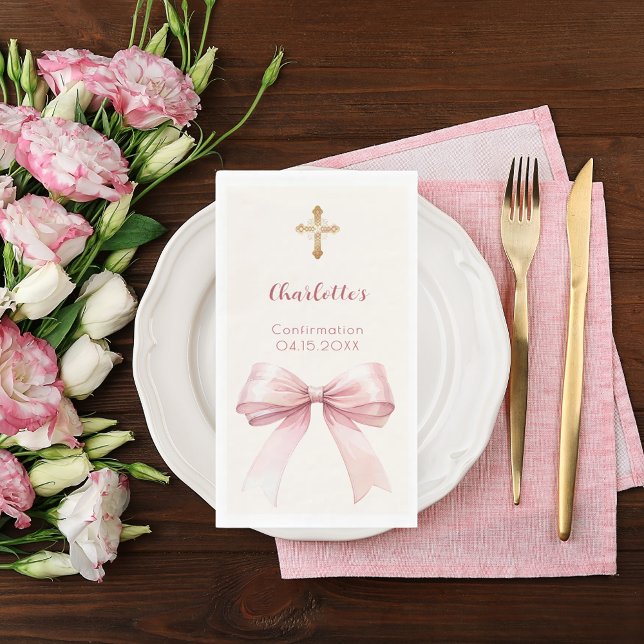 Confirmation blush pink bow cream cross napkin (Creator Uploaded)