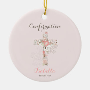 Confirmation blush pink floral cross ceramic tree decoration