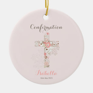 Confirmation blush pink floral cross ceramic tree decoration