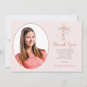 Confirmation blush pink Floral Cross Girl Photo Thank You Card