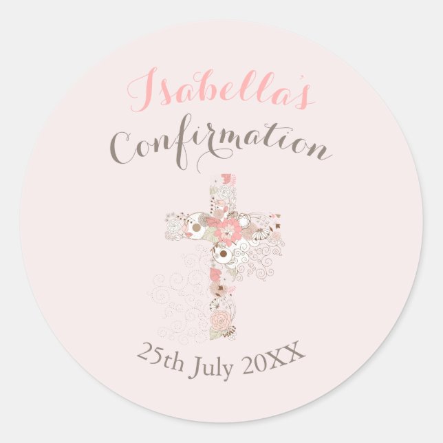 Confirmation blush pink floral cross name classic round sticker (Front)