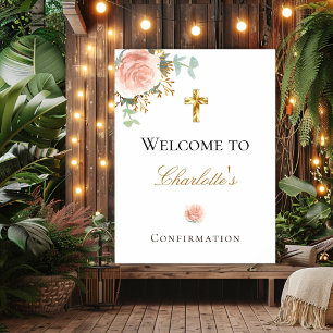 Confirmation blush pink floral eucalyptus welcome poster