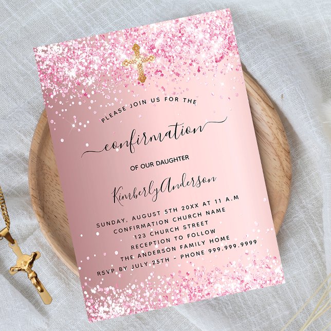 Confirmation blush pink glitter girl invitation postcard (Creator Uploaded)
