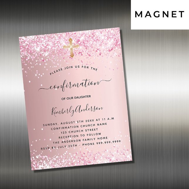 Confirmation blush pink glitter girl luxury magnetic invitation (Creator Uploaded)