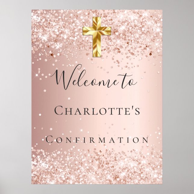 Confirmation blush rose gold glitter dust welcome poster (Front)
