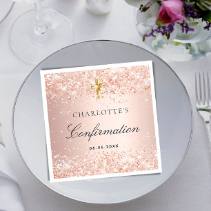 Confirmation blush rose gold glitter name girl napkin