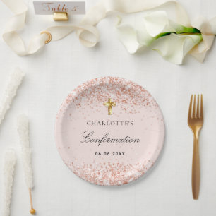 Confirmation blush rose gold glitter name girl paper plate