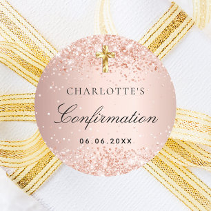 Confirmation blush rose gold name girl classic round sticker