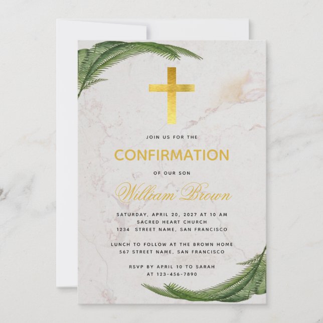 Confirmation Botanical Fern Faux Gold Cross Marble Invitation (Front)