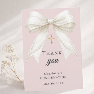 Confirmation bow dusty blush pink ivory pearls thank you card