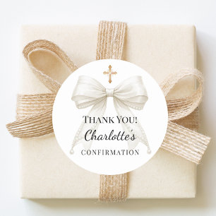Confirmation bow ivory pearls cross thank you classic round sticker