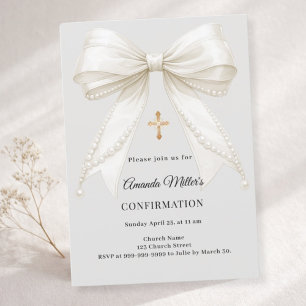 Confirmation bow ivory pearls girl grey invitation