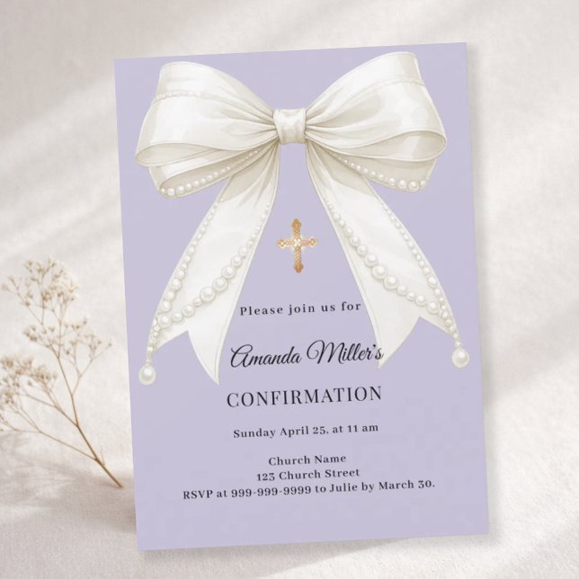 Confirmation bow ivory pearls girl lavender invitation (Creator Uploaded)