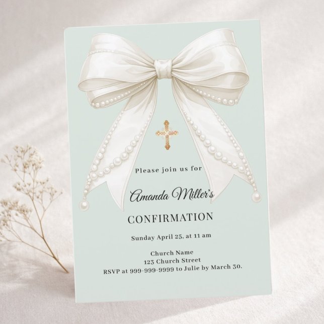 Confirmation bow ivory pearls girl sage green invitation (Creator Uploaded)