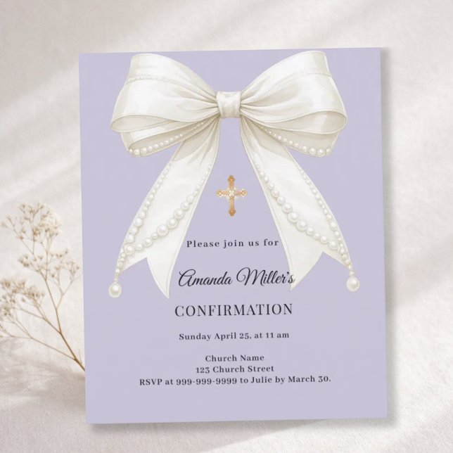 Confirmation bow ivory pearls lavender invitation (Creator Uploaded)