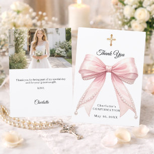 Confirmation bow pink pearls photo girl thank you card