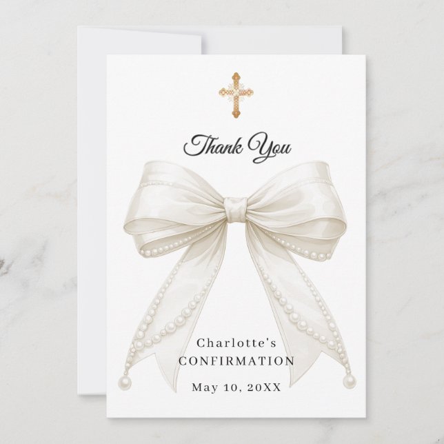 Confirmation bow white ivory pearls thank you card (Front)
