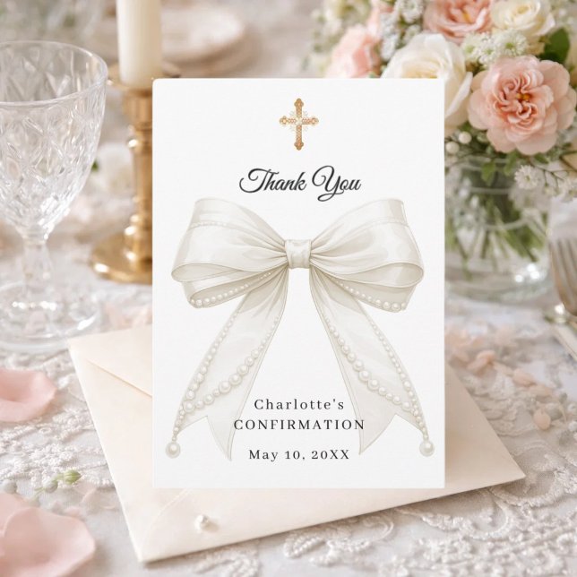 Confirmation bow white ivory pearls thank you card (Creator Uploaded)