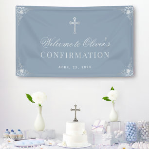 Confirmation Boy Dusty Blue Vintage Cross Elegant Banner