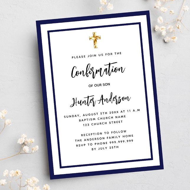 Confirmation boy navy blue white invitation (Creator Uploaded)