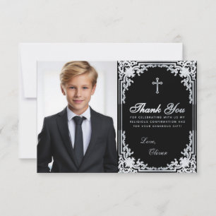 Confirmation Boy Photo Black Elegant Vintage Cross Thank You Card