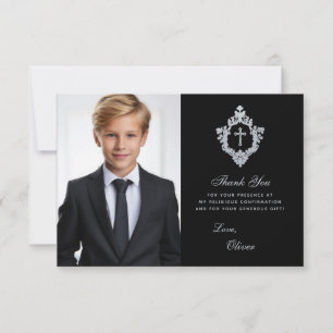 Confirmation Boy Photo Elegant Vintage Crest Black Thank You Card