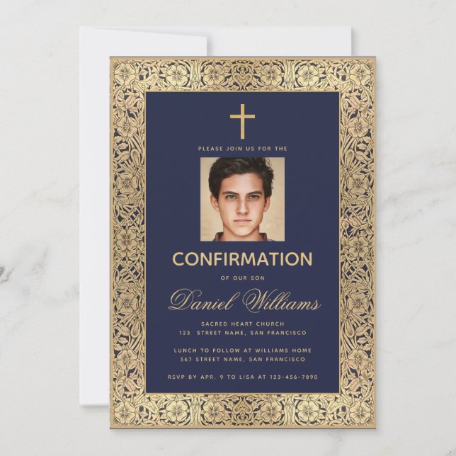 Confirmation Boy Photo Navy Blue Gold Roses Script Invitation (Front)
