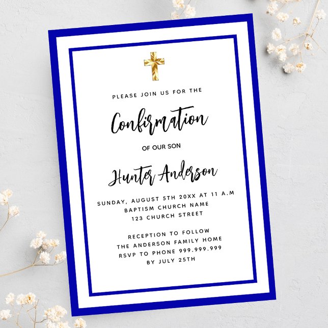 Confirmation boy royal blue white luxury invitation (Creator Uploaded)