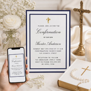 Confirmation boy royal blue white minimalist invitation