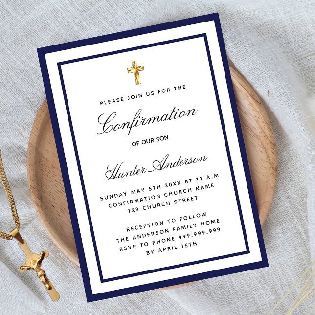 Confirmation boy royal blue white minimalist invitation postcard (Creator Uploaded)