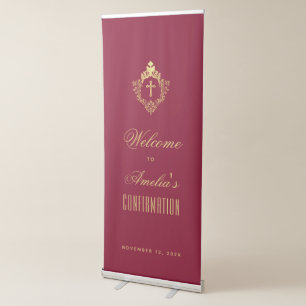 Confirmation Burgundy Gold Crest Religious Cross Retractable Banner