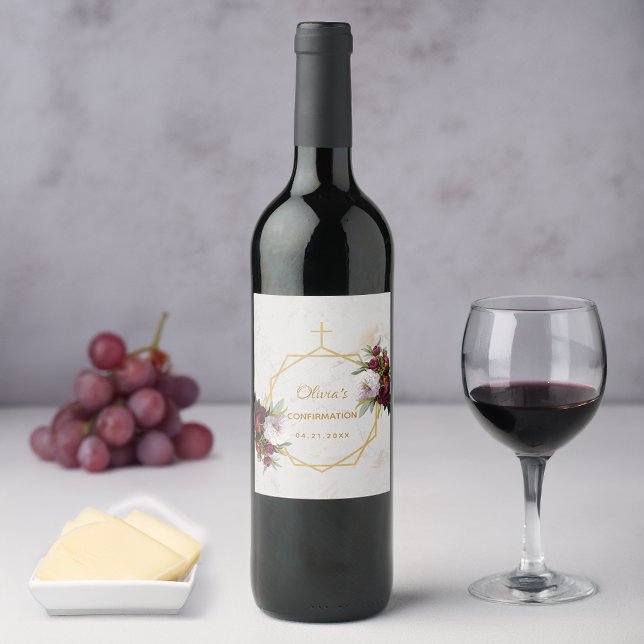 Confirmation Burgundy Peonies Gold Marble Floral Wine Label (Creator Uploaded)