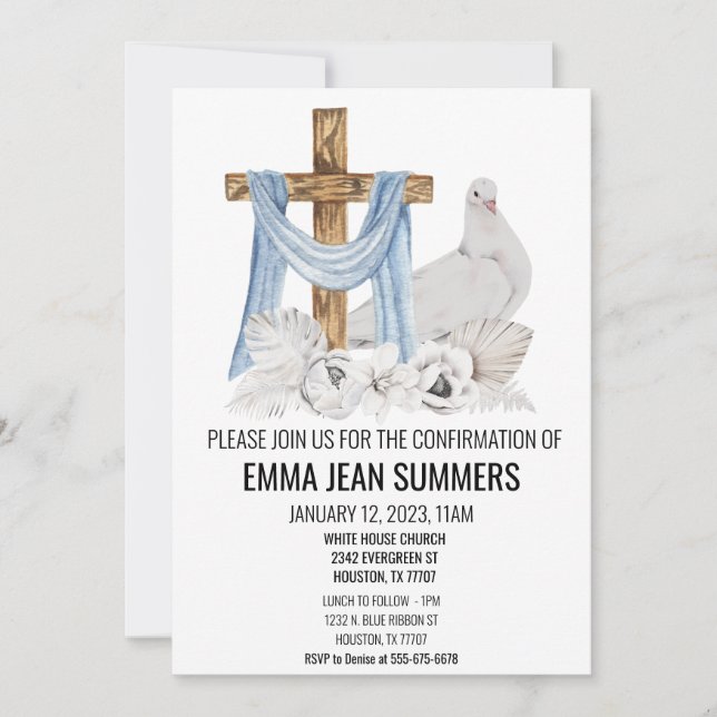 Confirmation Celebration Watercolor Dove Cross Invitation (Front)