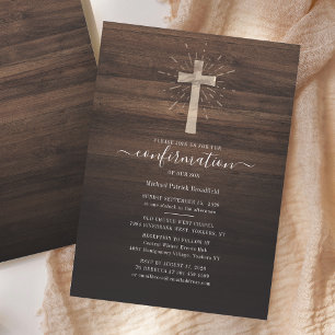 Confirmation Ceremony Church Cross Rustic Wood Invitation
