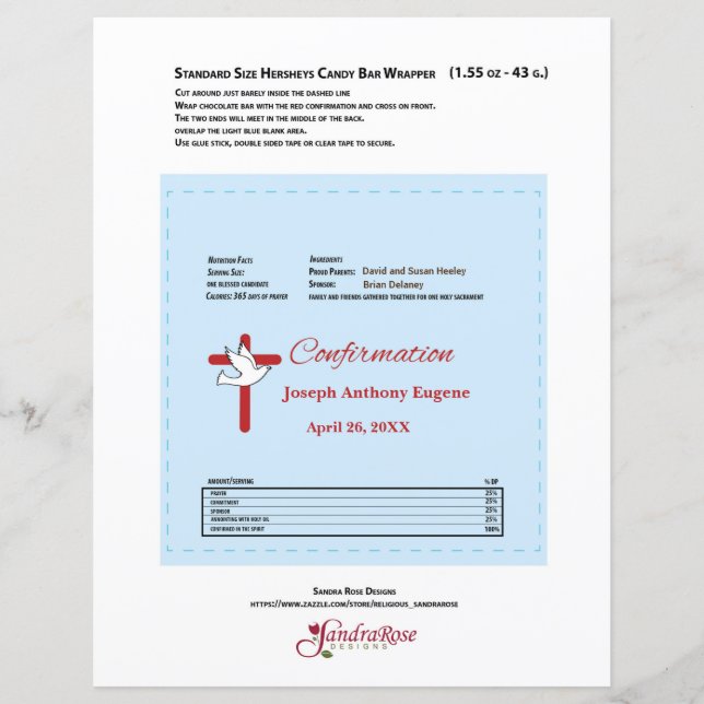 Confirmation Chocolate Candy Bar Wrapper Red Cross (Front)