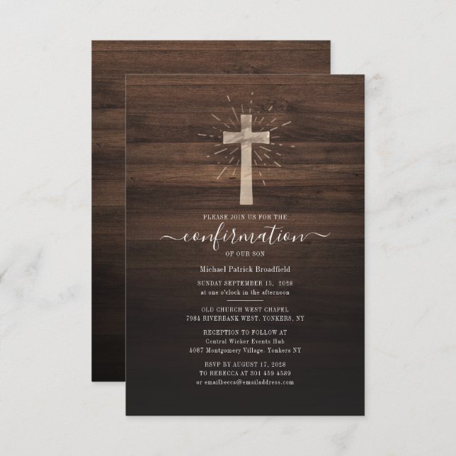 Confirmation Church Ceremony Cross Rustic Wood Invitation (Front/Back)