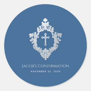 Confirmation Classic Blue Boy Vintage Crest Cross Classic Round Sticker