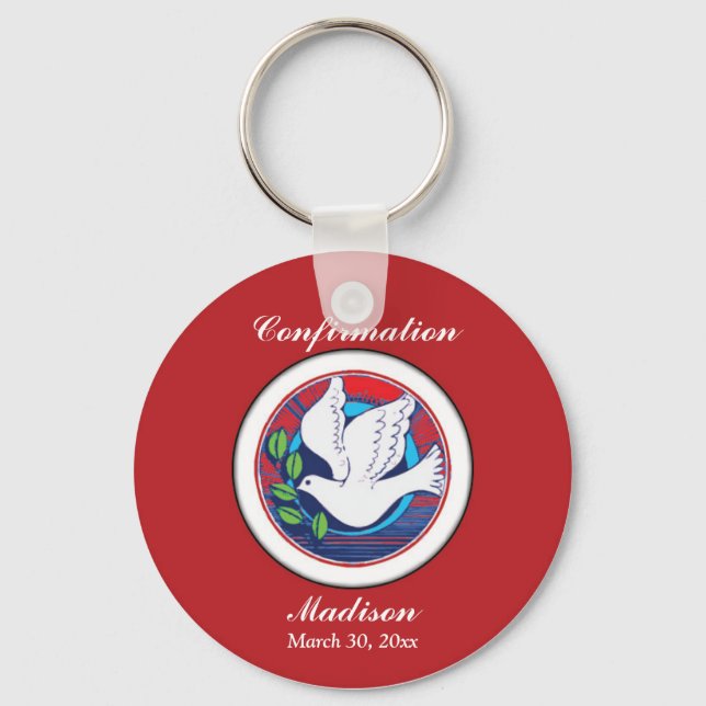 Confirmation Colorful Dove on Red Background Key Ring (Front)