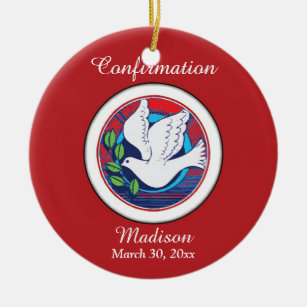 Confirmation Colourful Dove on Red Background Ceramic Tree Decoration